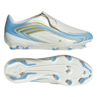 adidas F50 Messi League Sans Lacets Gazon Naturel Chaussures de Foot (FG) Enfants Blanc Bleu Clair Doré