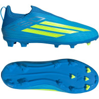 adidas F50 League Sans Lacets Gazon Naturel Artificiel Chaussures de Foot (MG) Enfants Bleu Néon Jaune