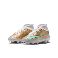 Nike Mercurial Superfly 11 Mbappé Club Gazon Naturel Artificiel Chaussures de Foot (MG) Enfants Doré Vert Blanc